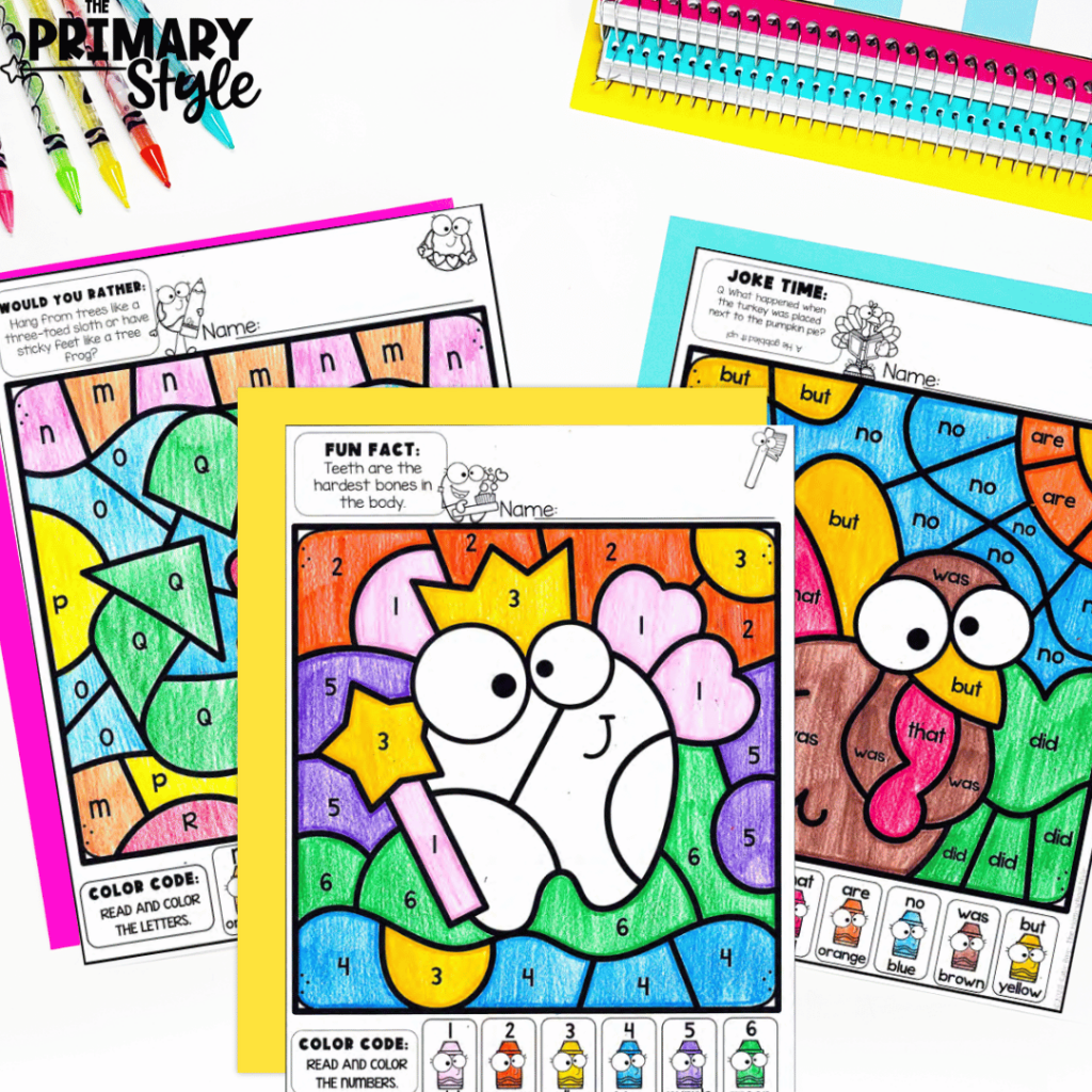 Color by code pages can be used to practice skills like letter recognition, number recognition and sight words.