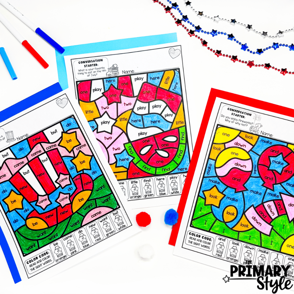 These worksheets help students practice sight words with Fourth of July themes.