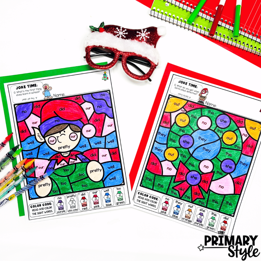 This photo shows Christmas themed color by code pages that will help students practice sight words.