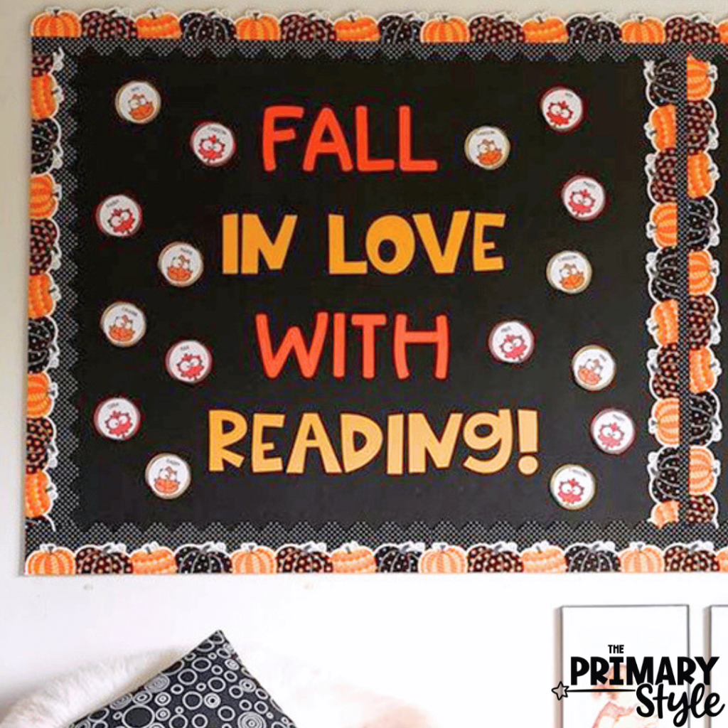 Fall in love with reading with this autumn bulletin board for the primary classroom.