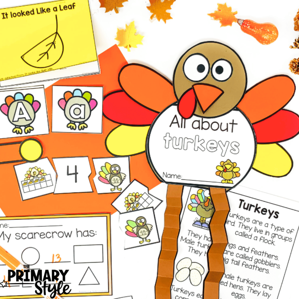 This photo features turkey and scarecrow themed centers that you can add to your fall activities.