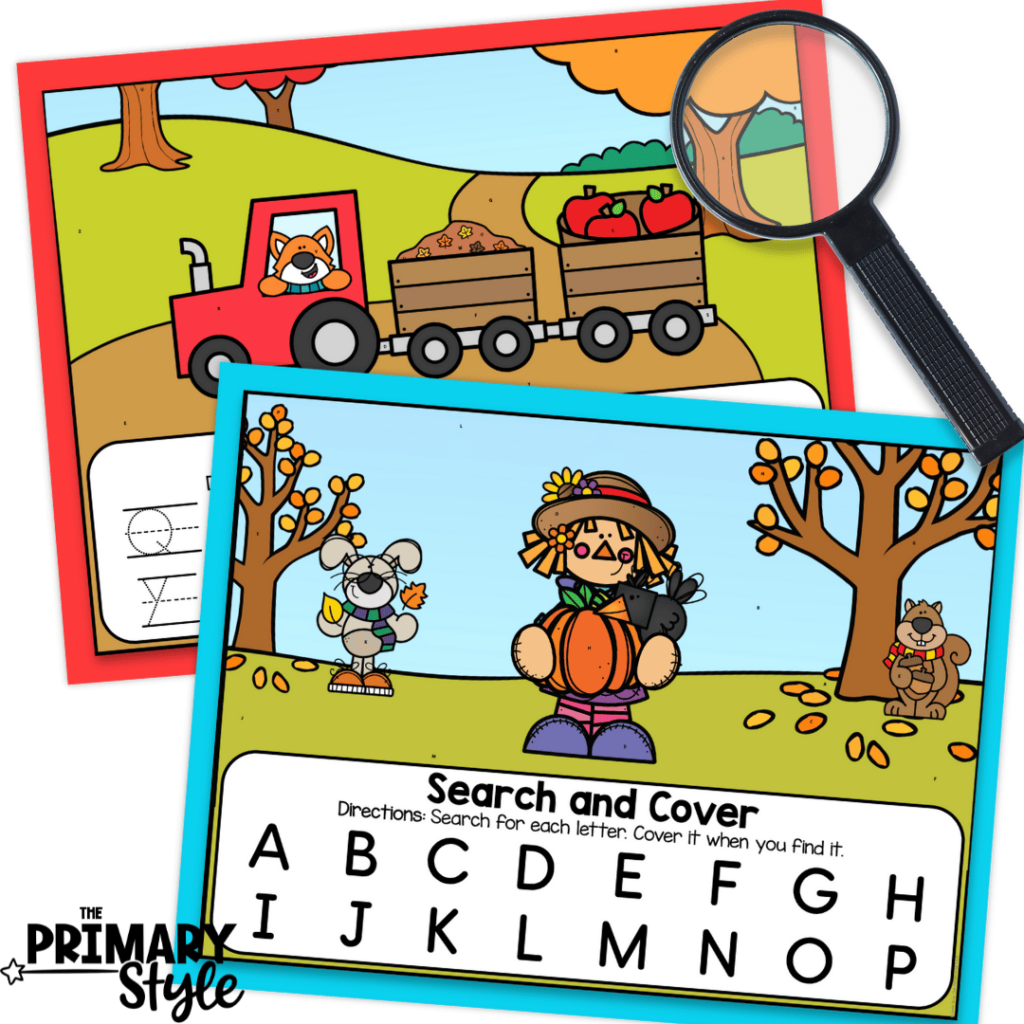 This image highlights fall activities that you can use to target letter recognition as students search for and find different letters.