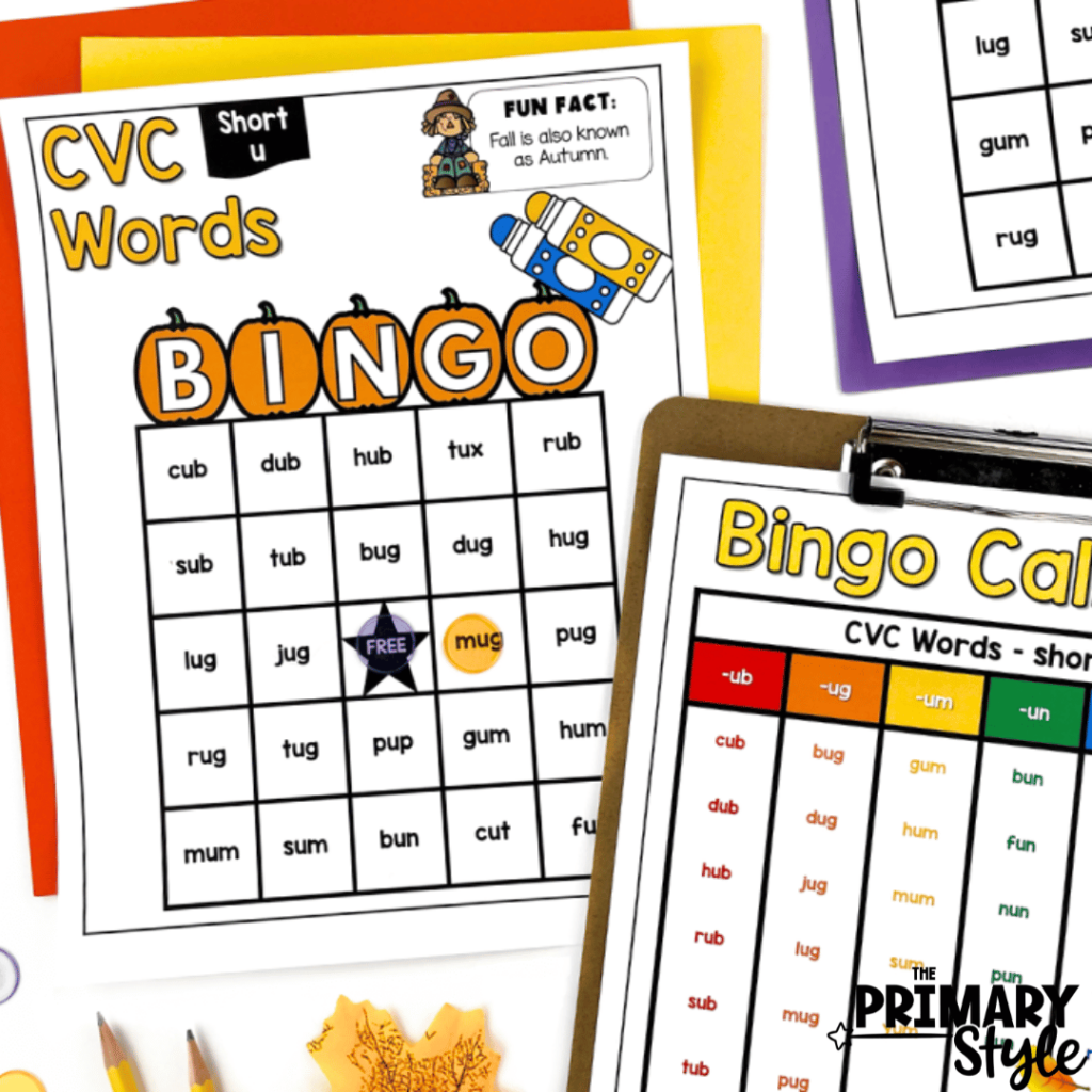 Bingo games can make great fall activities! The one in this photo targets cvc words.