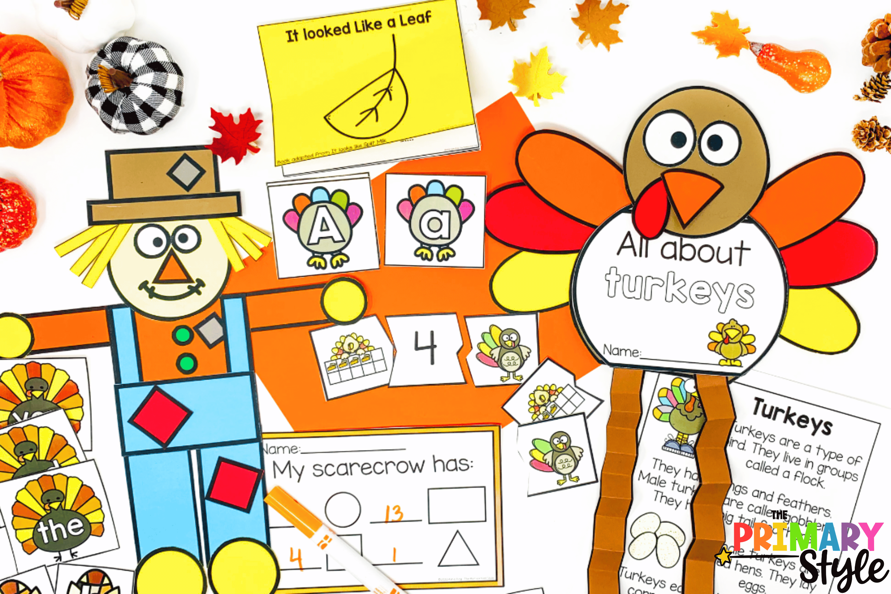 These fun fall activities for the primary classroom will help you target literacy and math skills with fun themes like scarecrows, turkeys, pumpkins, apples, bats and more!