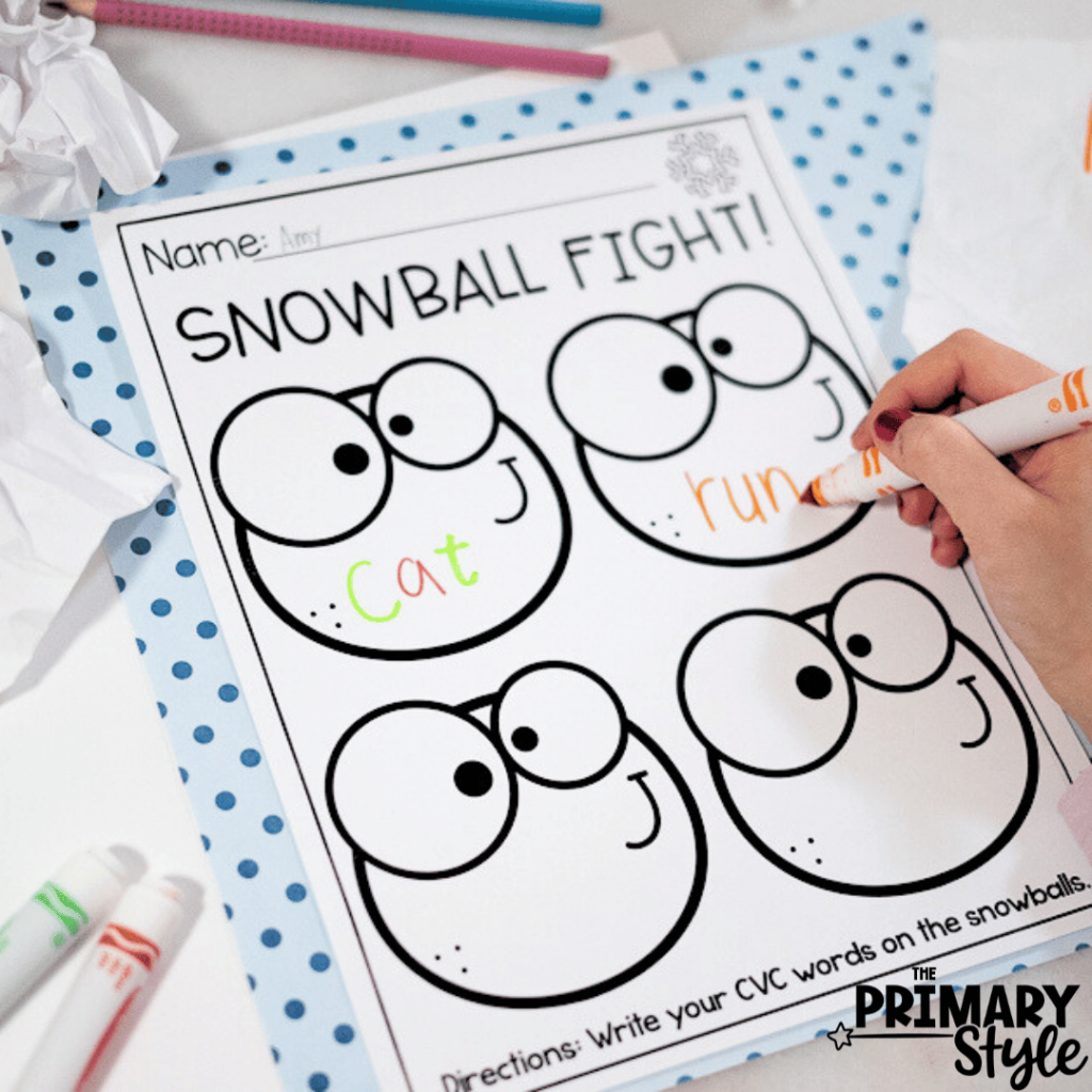 This image highlights "Snowball Fight!", a fun indoor recess activity.