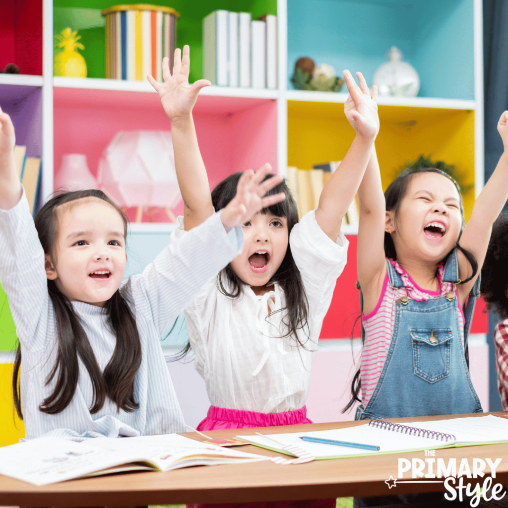 This photo shows a group of young students enjoying time in the classroom.