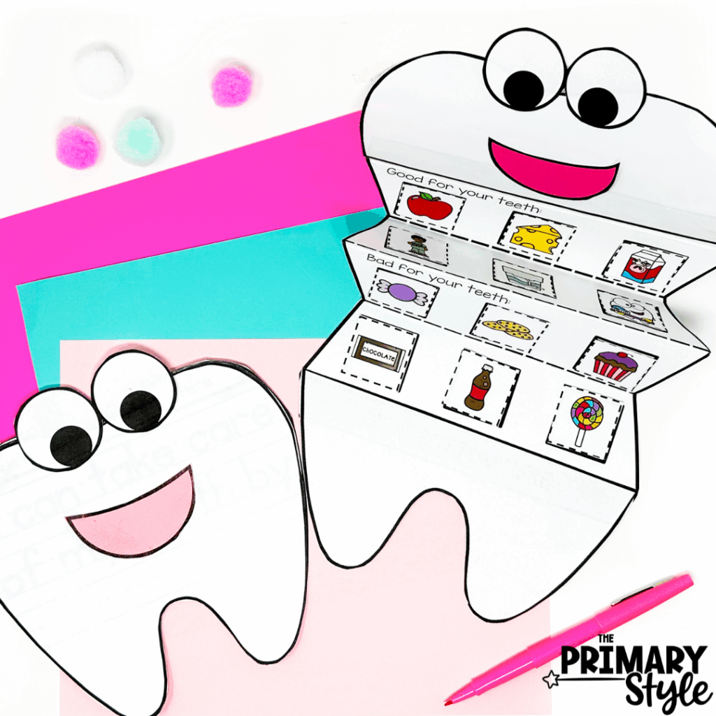 This image highlights a craft students can use show foods that are good for teeth or bad for teeth.