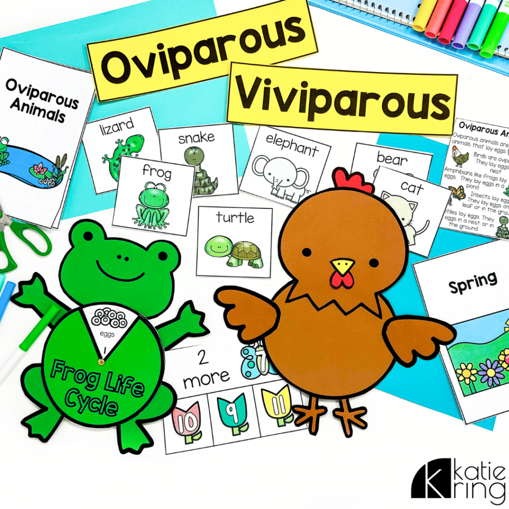 This photo features resources that can be used alongside some of the spring picture books mentioned earlier in the post. With these activities, students will learn about and compare oviparous and viviparous animals.