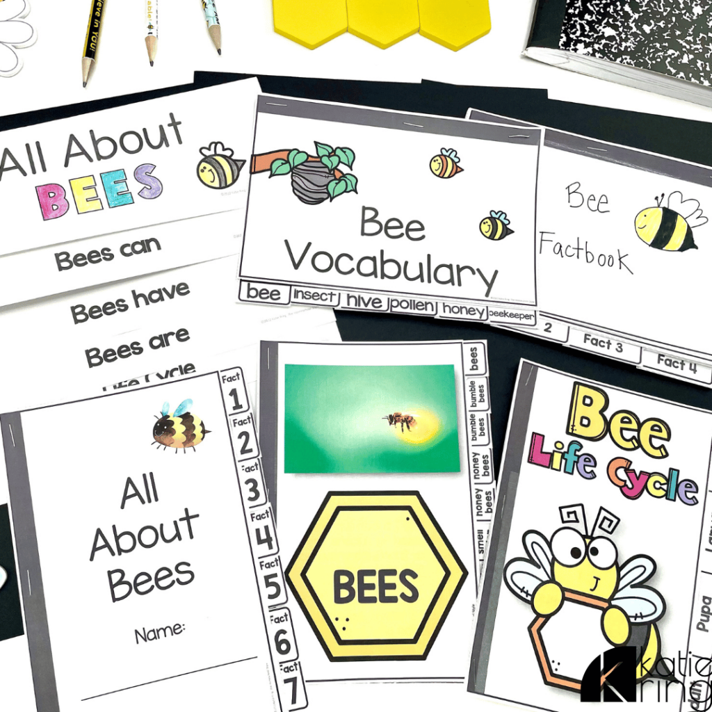 In this photo, there are various bee activities that will help students learn all about bees including bee vocabulary and the bee life cycle.