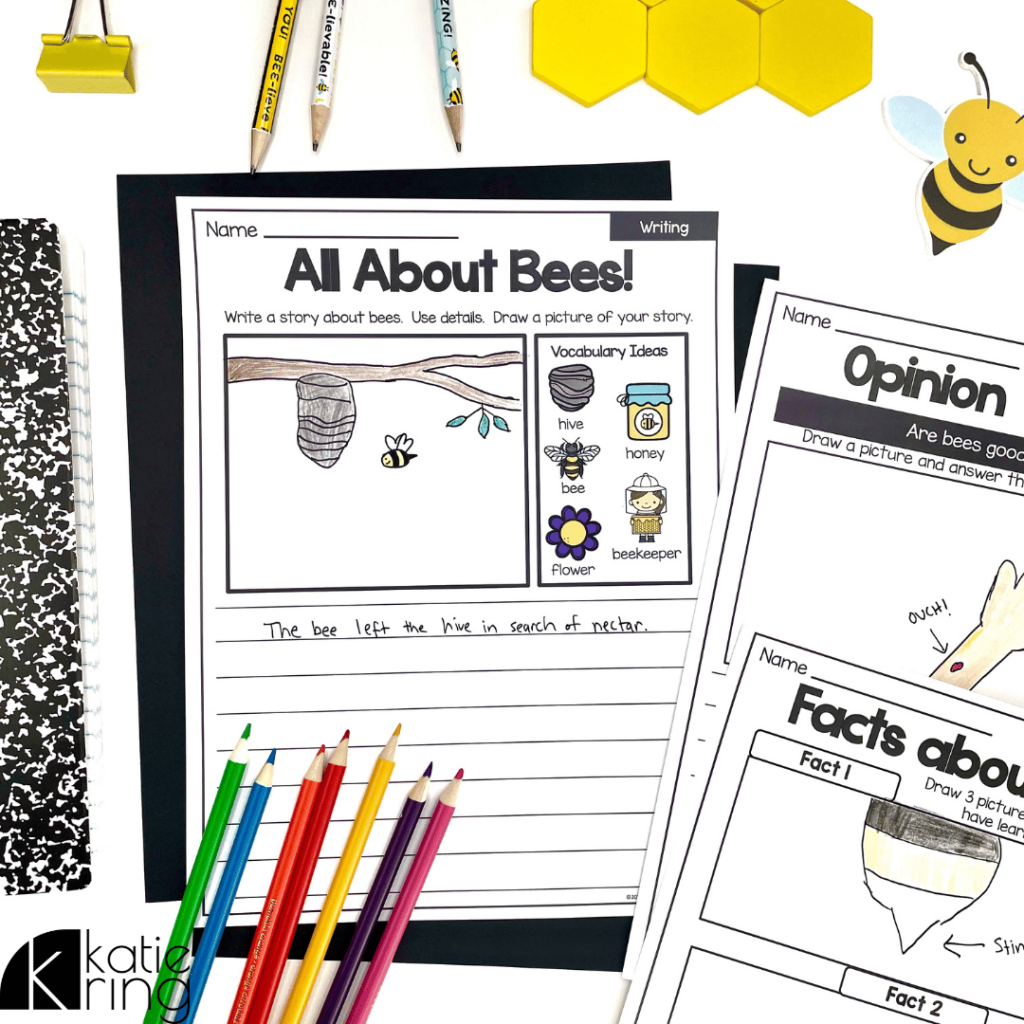 This image shows bee activities that have a focus on writing. Students can share facts and opinions about bees using the prompts!