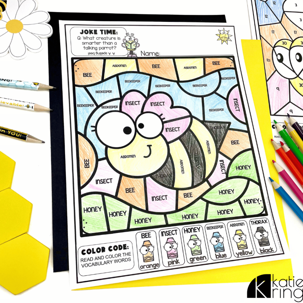 This photo showcase a color by code activity with a bee theme! Add this to your bee activities for some extra bee vocabulary practice.