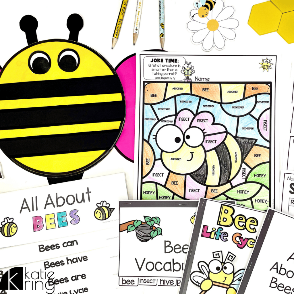 This photo features a variety of bee activities that can be used within a bee unit from a craft to a bee life cycle booklet and even bee vocabulary!