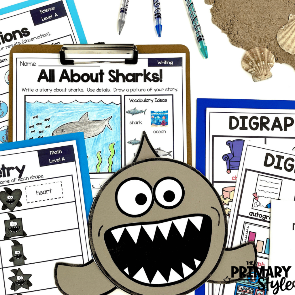 All about sharks activities like the one shown in this photo are sure to be a hit. Students can practice literacy and math skills in this unit!