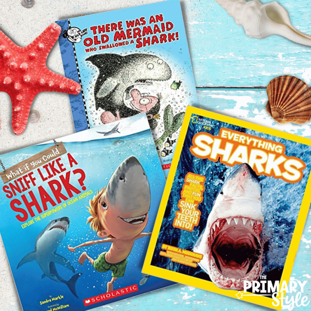 Add some fun read alouds to your shark activities with the books in this image. Titles include "Everything Sharks", "What if you Could Sniff like a Shark?" and "There was an Old Mermaid that Swallowed a Shark."