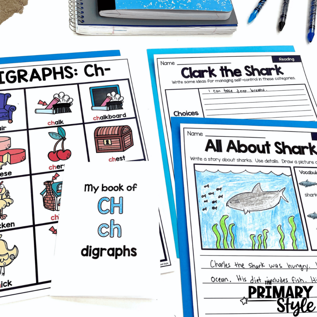 This image showcases shark themed literacy activities. Using the shark activities, students will write all about sharks, retell clark the shark and more!