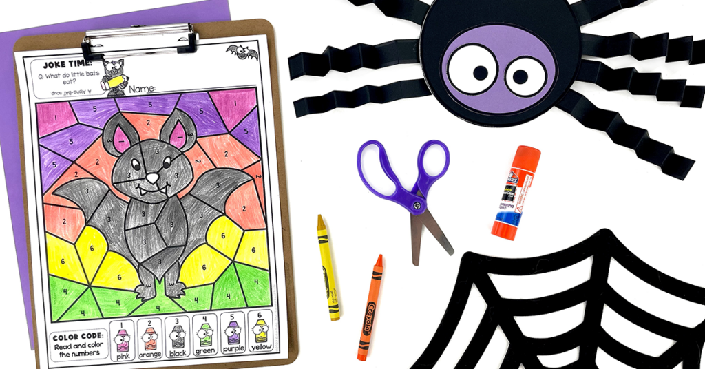 Spider and Bat color by code activities and crafts are a great way to connect the theme to a variety of skills.