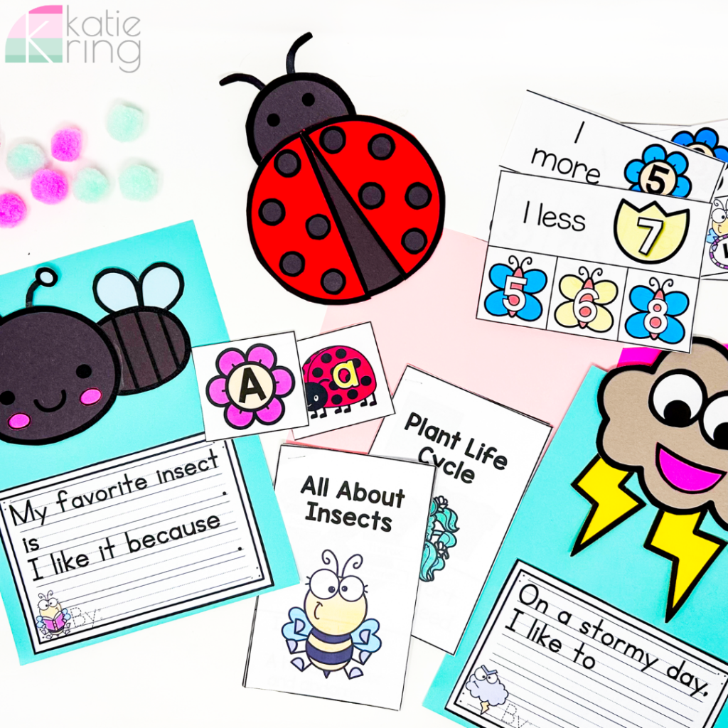 May themed monthly activities like these include adorable insects and weather themes to get your students excited about learning beginning sounds, syllables, digraphs, CVC words, measuring, addition and subtraction, and more.