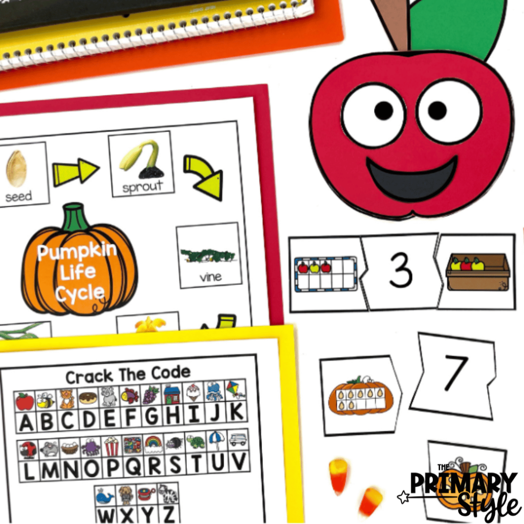 This image showcases thematic teaching resources that focus on apples and pumpkin in a unit perfect for fall!