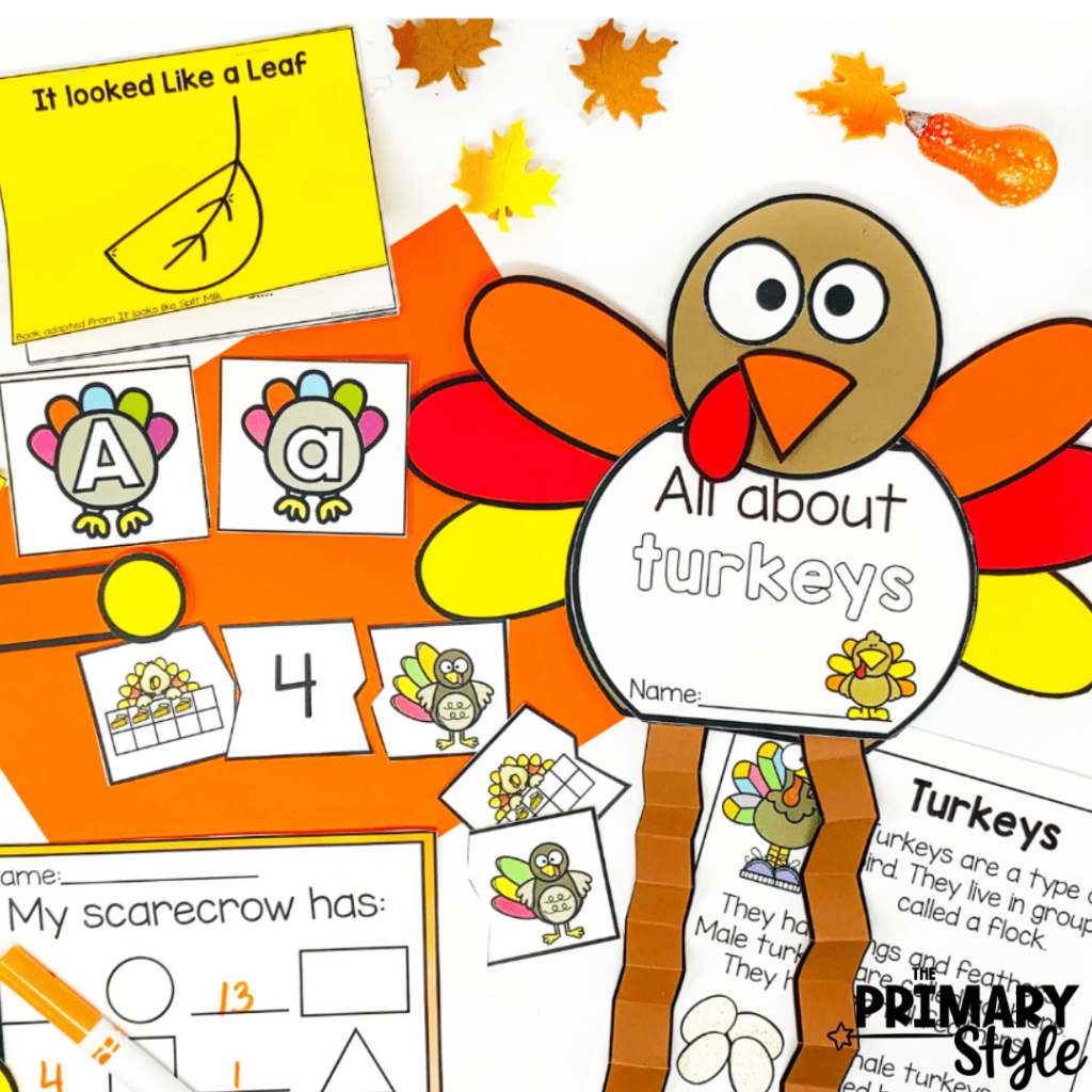 This photo shows turkey themed math and literacy activities that can be used during November.