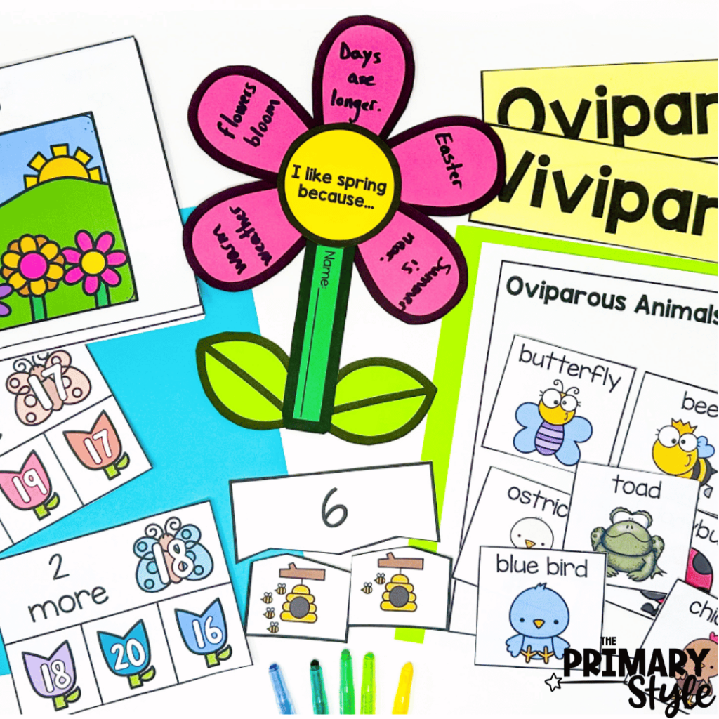 This photo showcases spring thematic teaching resources that focus on plants as well as oviparous and viparous animals. These will make planning a year of lessons simple and easy!