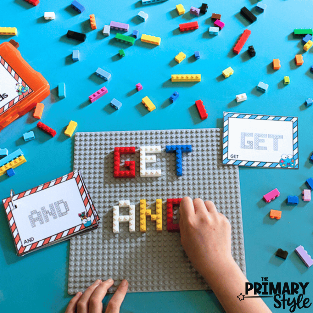 This photo highlights a sight word activity that utilizes building blocks.