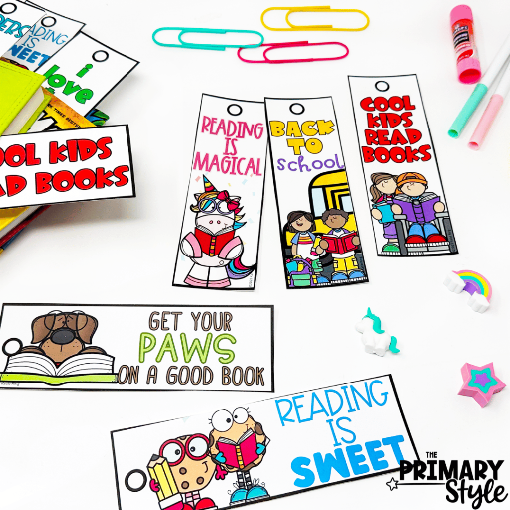 Printable bookmarks, like the one shown in this photo, are a great back to school activity for primary classrooms.