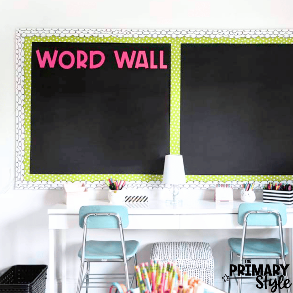 This photo features my free printable "word wall" letters. Using a word wall with students is an important part of my classroom routine.