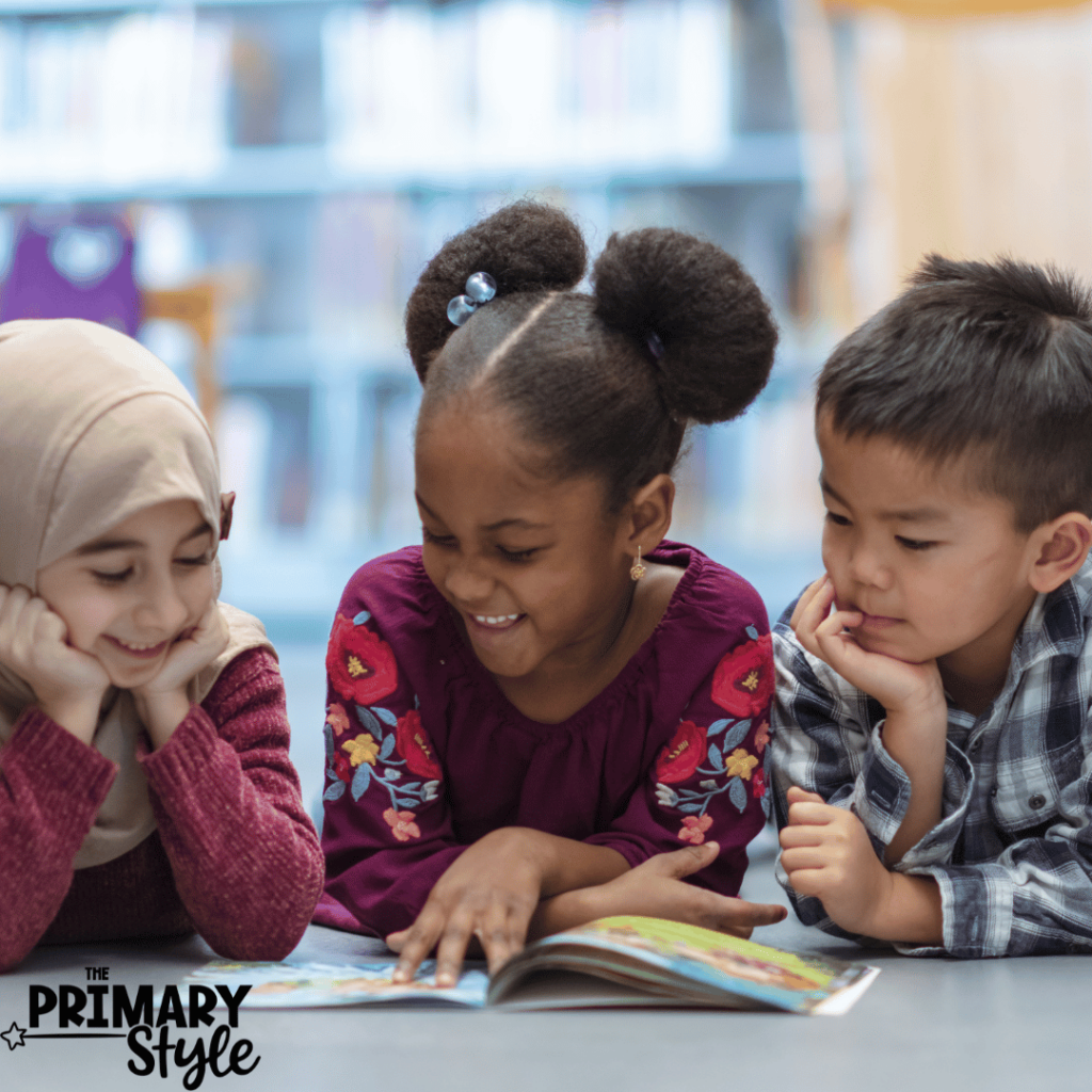 This image shows a group of students looking at a picture book together.