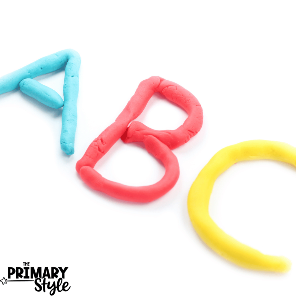 You can use fun tools like play dough when teaching the alphabet in kindergarten. This image shows the letters ABC made from playdough.