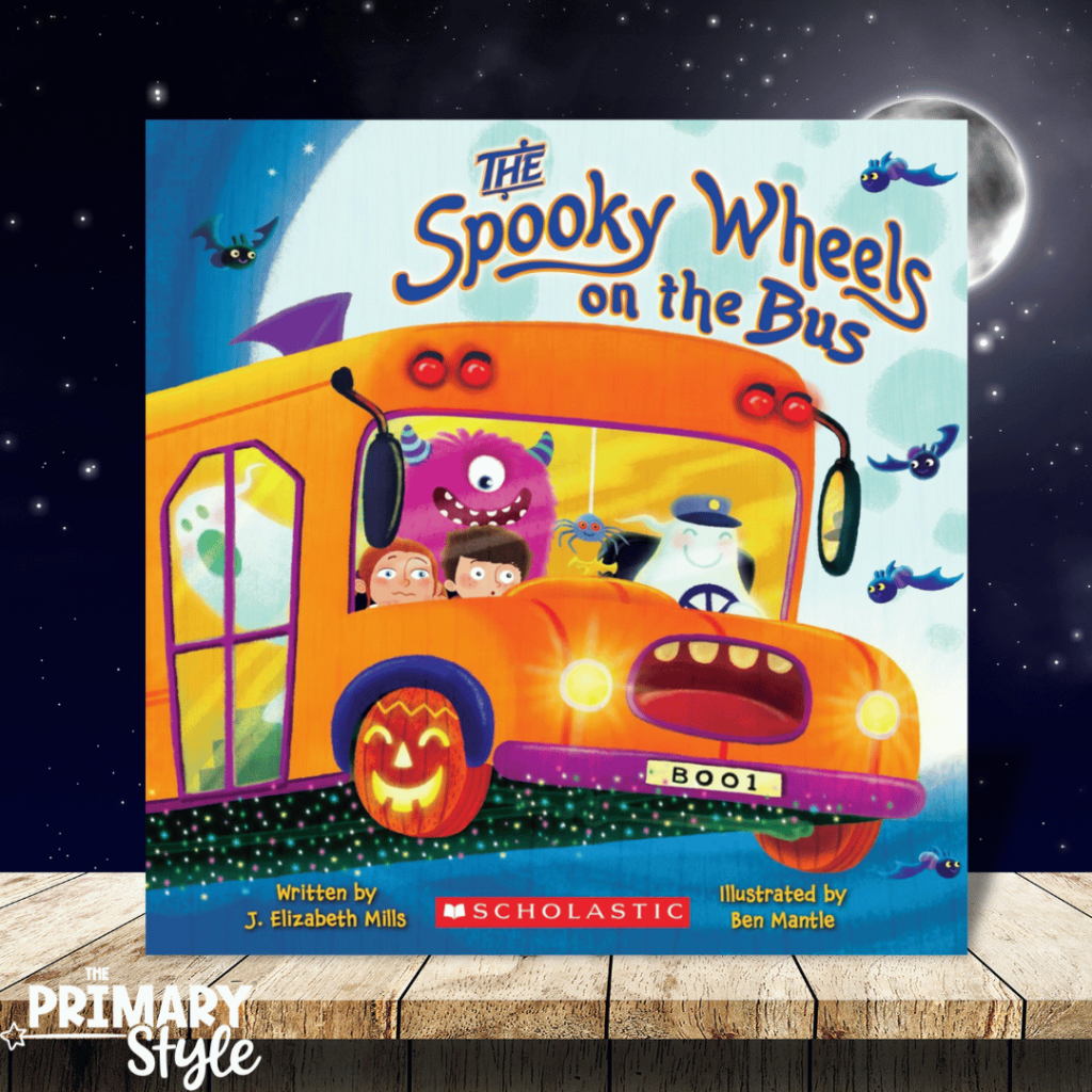 This image showcases "The Spooky Wheels on the Bus". Halloween books like this one are great to share with primary learners!