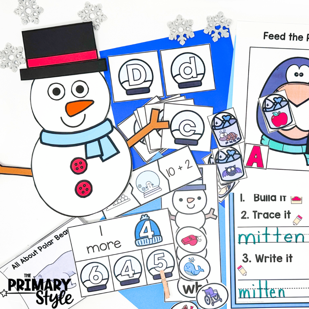 The activities in this photo is focused on all things winter like snowmen, penguins and winter clothing!