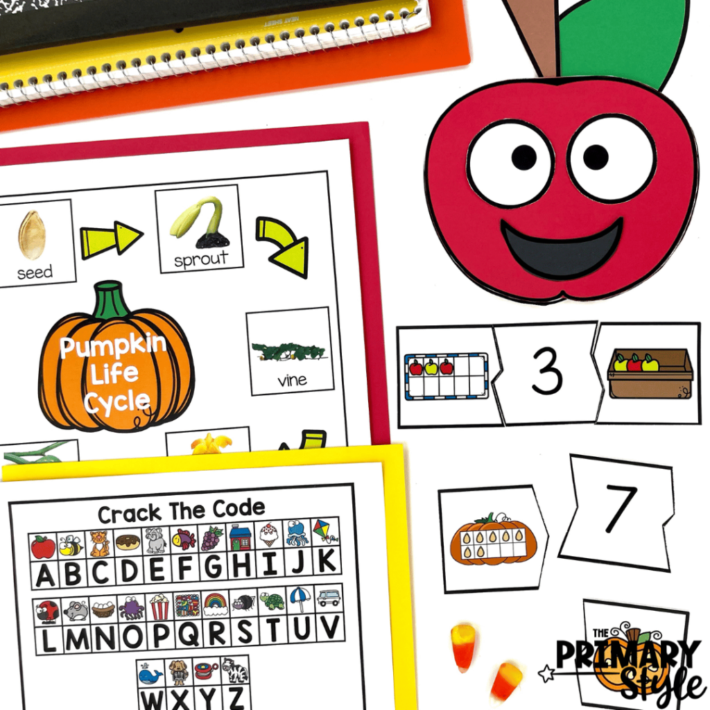 This photo showcases apple and pumpkin activities for math and literacy.