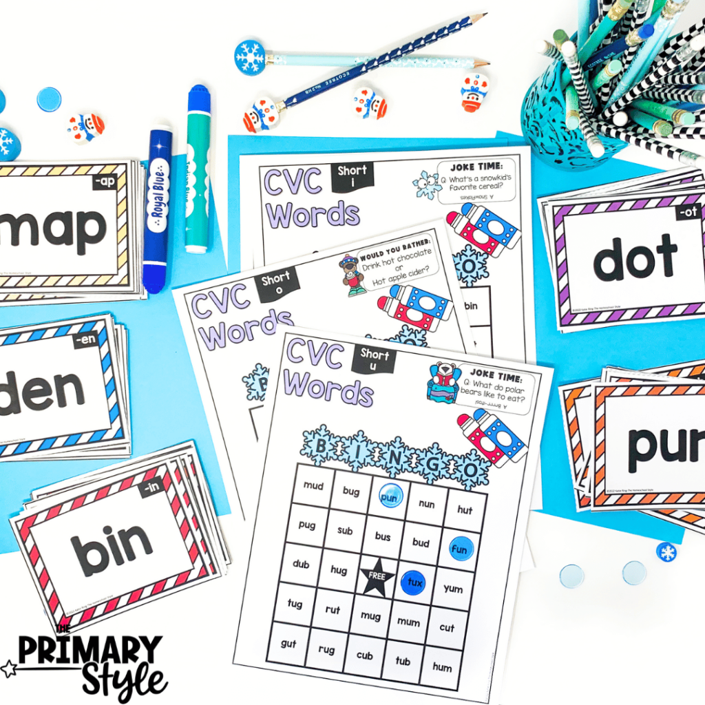 With this bingo activity, students can practice reading short vowel words with a winter theme.