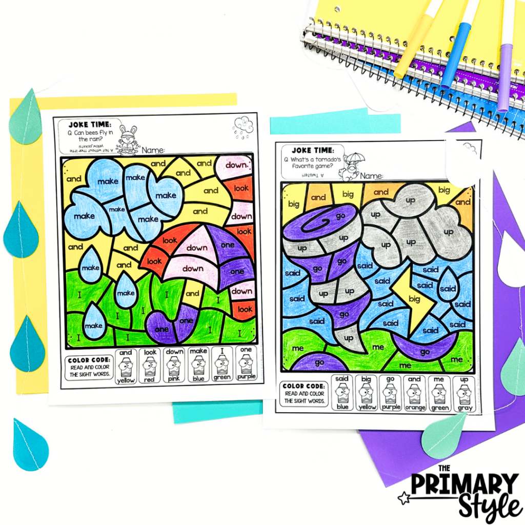 This photo shows color by code worksheets with themes like tornadoes, rain, and storms.