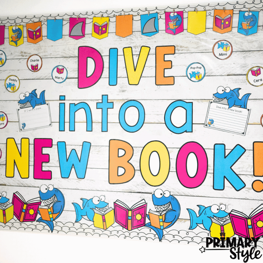 This image highlights a summer themed bulletin board idea that says "Dive into a new book".