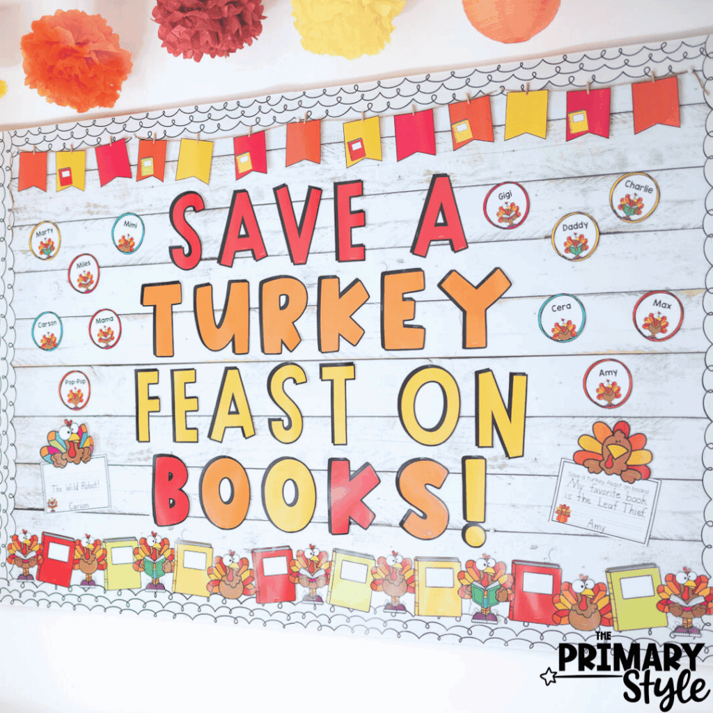 "Save a turkey, Feast on Books" is the perfect bulletin board for Thanksgiving.