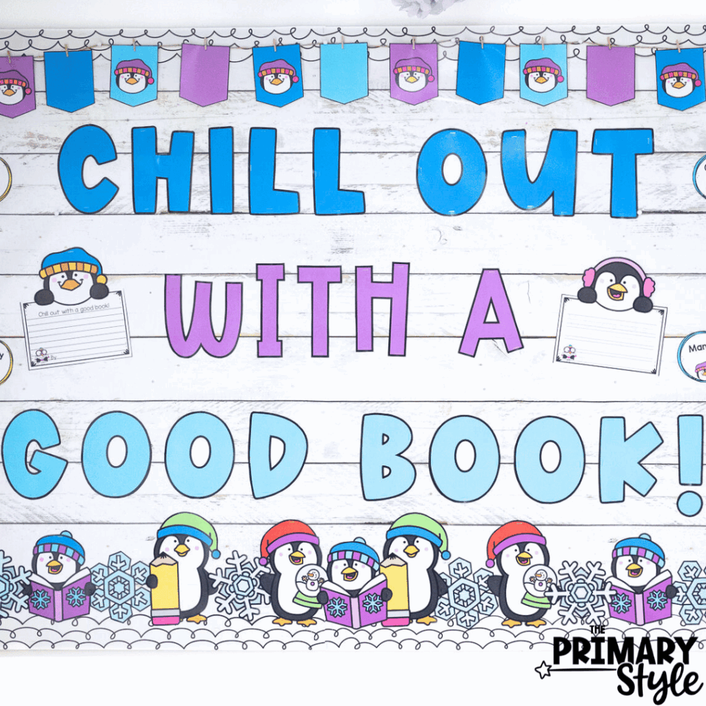 This photo highlights a penguin themed display that is great for Winter!