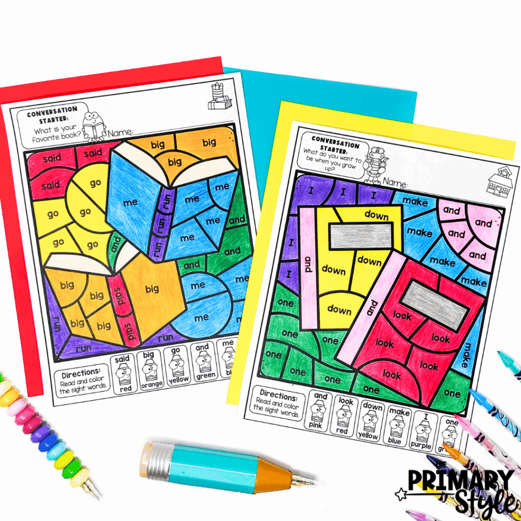 Color by code activities can be used to review letters, numbers, number sense and sight words.