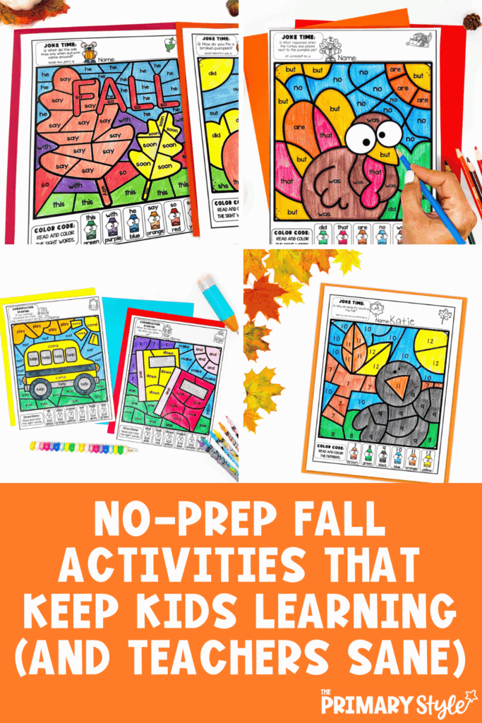 Looking for some no prep fall activities that will keep your students learning and help you keep your sanity as the fall holidays approach? These color by code activities are the perfect solution! Not only do they come in fun themes like back to school, fall, Halloween and Thanksgiving, but they also target key math and literacy skills like letter recognition, numbers and sight words.