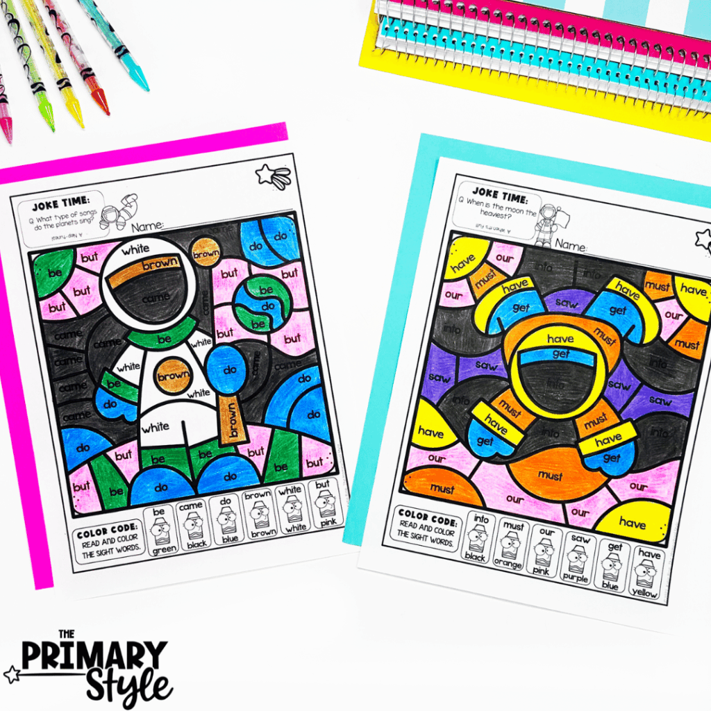 This photo shows space themed color by code activities.