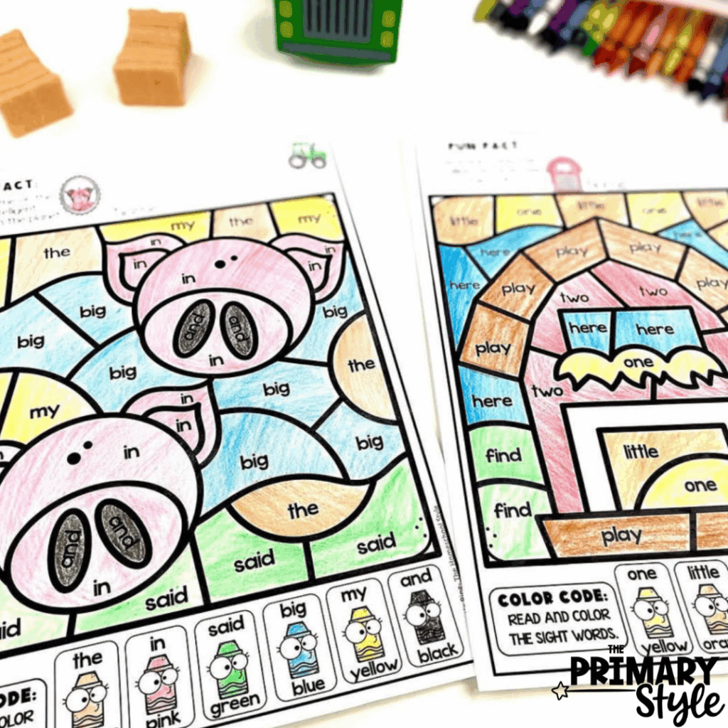 These color by code worksheets can be used to practice sight words.