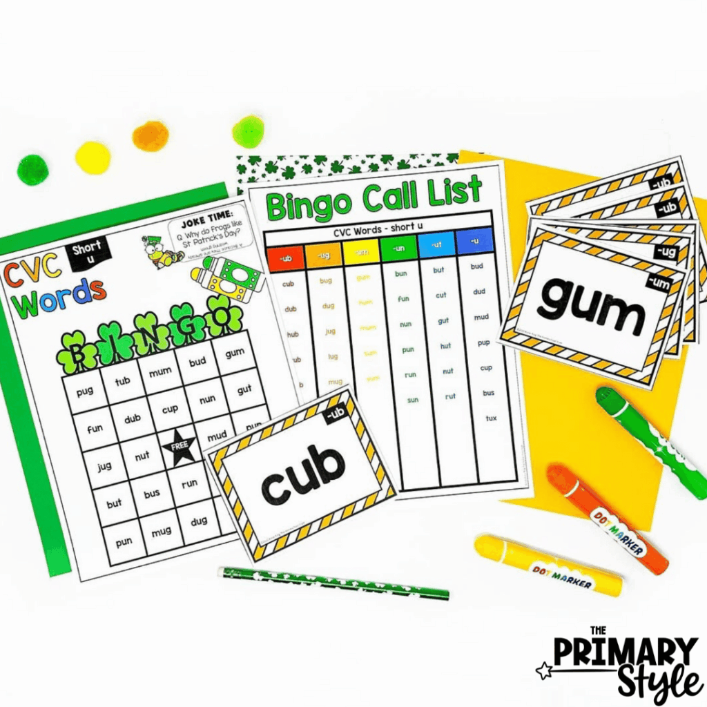 Add this CVC word St. Patrick's themed bingo game to your plans.