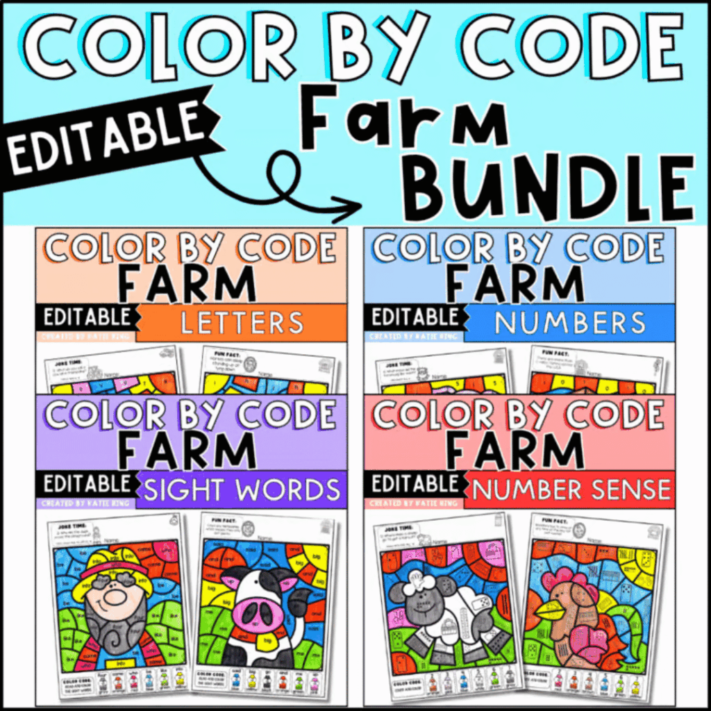 This bundle of farm activities includes color by code pages targeting letters, numbers, and sight words.