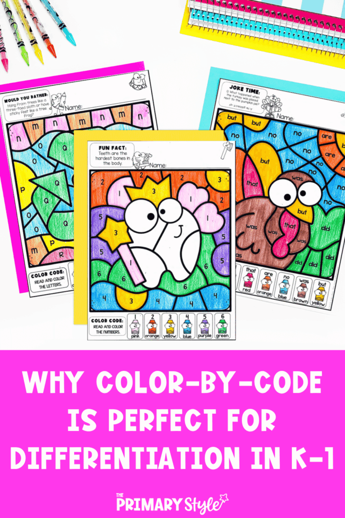 Discover why Color-by-Code activities are a game-changer for differentiation in kindergarten, first, and second grade! 🎨✨ These fun, no-prep printables help meet every learner’s needs—whether they’re practicing sight words, math facts, or phonics skills—while keeping students engaged and on task. Perfect for centers, morning work, or early finishers!