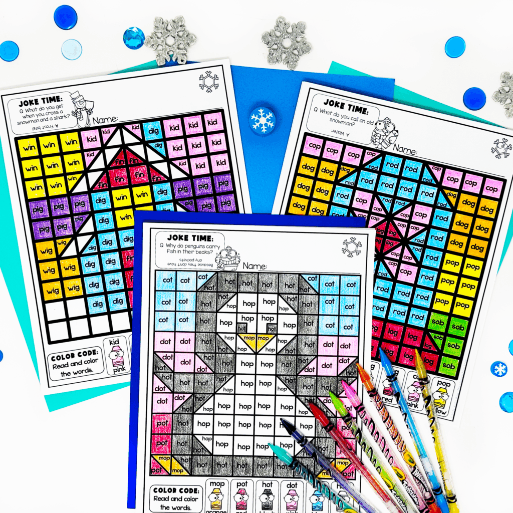 Color by code activities can be used to target holidays, seasons and themes like the Winter CVC worksheets shown in this image.