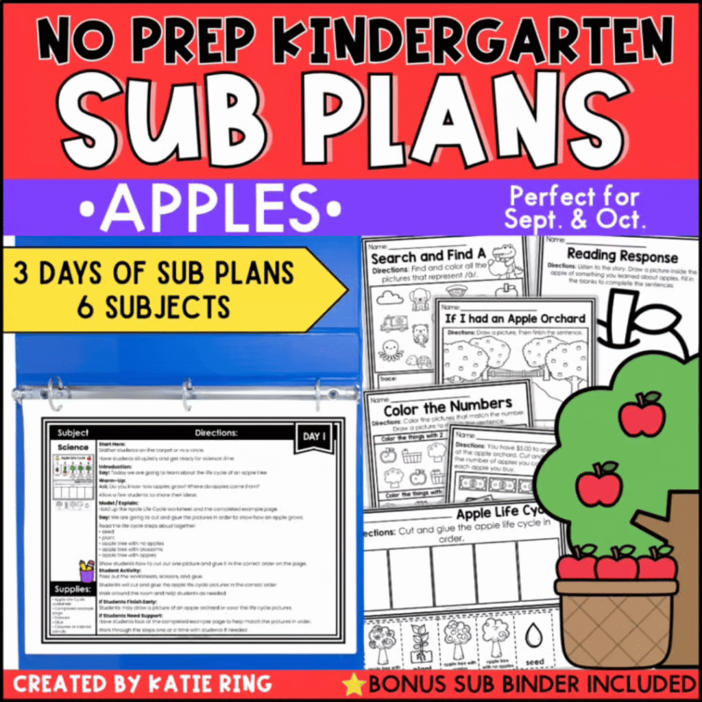Be sure to grab these no prep apple themed kindergarten sub plans in my TPT store.