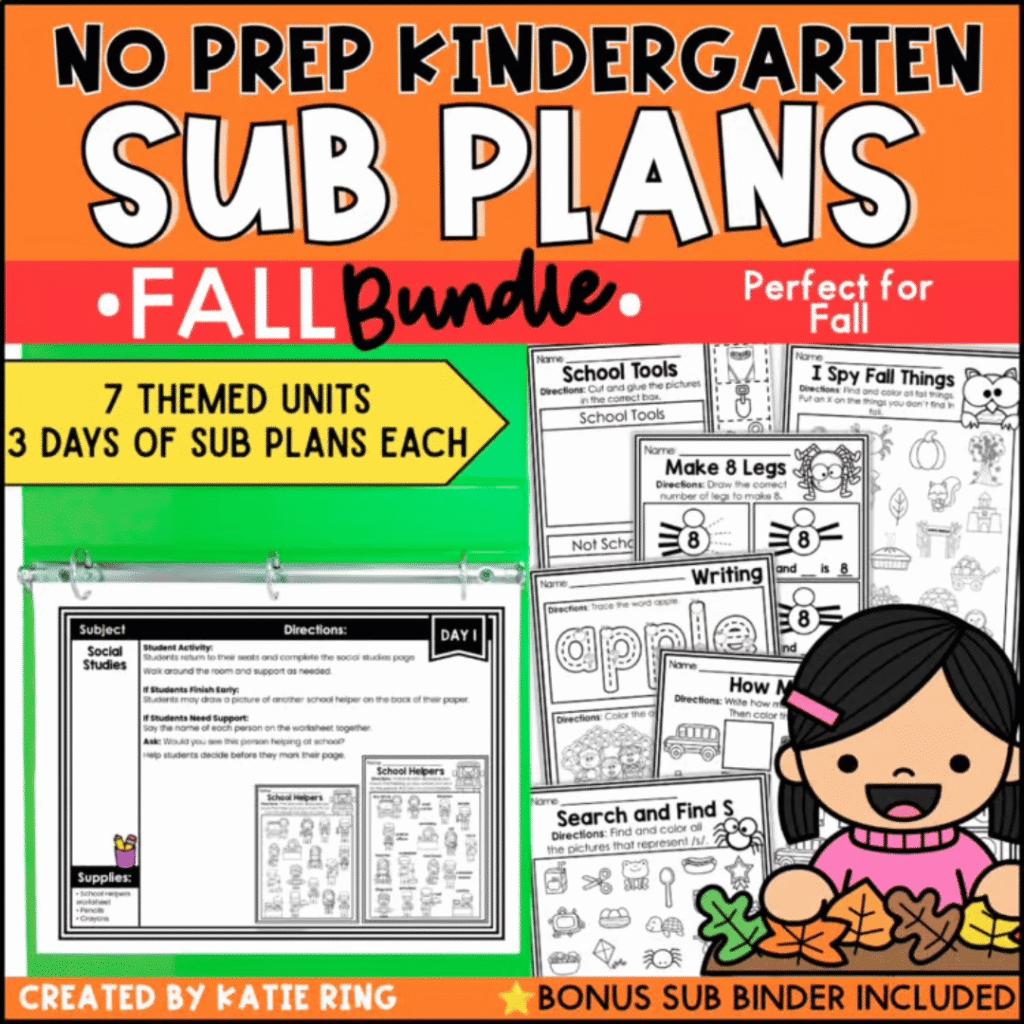 This fall bundle of kindergarten sub plans includes themes like apples and community helpers.