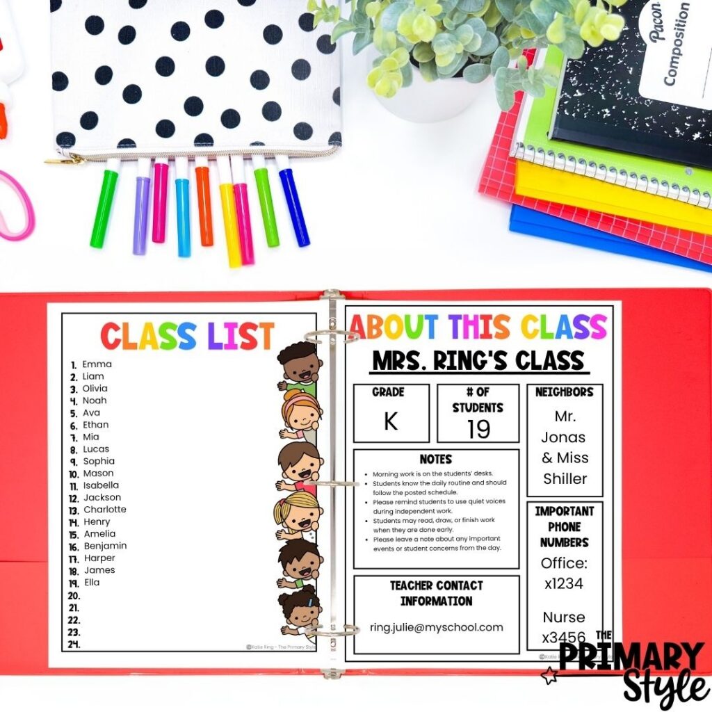 Start your kindergarten substitute binder with the basics like a class list and classroom information.