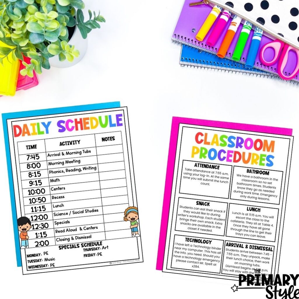 Use your substitute binder to share the daily schedule and classroom procedures.